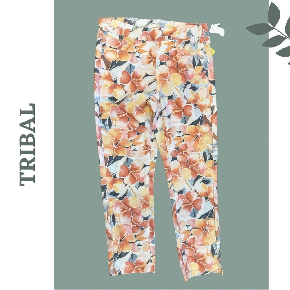 🛍️3/$40 Tribal Pull On Capri – Wheat Floral Print Orange Yellow Size 10